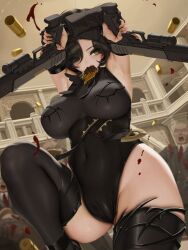 armpits bare_shoulders black_footwear black_hair black_leotard black_survival black_thighhighs blood blood_splatter breasts bullet candy chocolate chocolate_bar covered_navel curvy dual_wielding eating elbow_sleeve female food food_in_mouth green_eyes gun handgun high_heels holding holding_gun holding_weapon indoors large_breasts leotard letdie1414 mole mole_under_eye rozzi_(black_survival) shell_casing short_hair solo thighhighs thighs weapon_over_shoulder