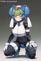 1girls ai_generated female female_only futuristic green_hair helmet kneeling mega_man mega_man_zx osyasenpai pandora_(mega_man) red_eyes solo solo_female stable_diffusion thighs tight_clothing wide_hips