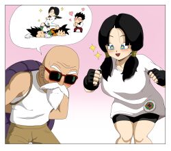 1boy 1girls bike_shorts blush dragon_ball dragon_ball_z enthusiastic fantasizing fingerless_gloves goku heart heart-shaped_pupils huge_breasts large_breasts lying master_roshi muten_roushi pulpawoelbo son_gohan son_goku sparkles sparkling_eyes speech_bubble sunglasses twintails vegeta videl white_shirt