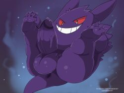 anthro anus ass balls big_balls big_penis erection feet fingers generation_1_pokemon gengar genitals humanoid_genitalia humanoid_penis looking_down male male_only nintendo penis pokemon pokemon_(species) purple_body red_eyes signature simple_background smile soles solo solo_male spunkerart tail teeth text thick_thighs url vein veiny_penis