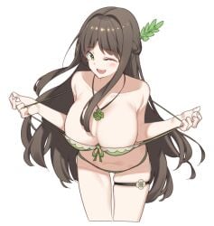 1girls ;d bare_arms bare_shoulders bikini bikini_pull black_survival braid breasts brown_hair cleavage clothes_pull collarbone eternal_return:_black_survival female front-tie_bikini_top front-tie_top green_bikini green_eyes gweon_sua hair_ornament hop3 jewelry large_breasts leaning_forward light-skinned_female light_skin long_hair looking_at_viewer navel necklace one_eye_closed skindentation smile solo standing stomach strap_pull string_bikini swimsuit thigh_strap thighs very_long_hair_female