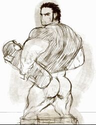 ass ass_focus bara facial_hair gay looking_back lucas_lee male male_only monochrome muscles muscular no_visible_genitalia pants pants_down scott_pilgrim shirt skateboard sketch solo solo_male tora_gy