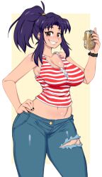 1girls beer big_breasts breasts busty cleavage female female_only fully_clothed hand_on_hip legwear light-skinned_female light_skin looking_at_viewer midriff misato_katsuragi navel neon_genesis_evangelion official_mossy ponytail pose posing purple_hair smile smiling_at_viewer solo straight_hair thighs torn_clothes torn_legwear