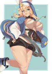 1girls belt big_breasts big_thighs blonde_female blonde_hair blue_eyes booty_shorts breasts bridget bunny_costume bunny_ears bunny_girl bunnysuit female female_focus female_only guilty_gear guilty_gear_strive hexprinxess hood hood_up hooded_jacket hoodie jacket rule_63 smile smiling solo solo_female thighs voluptuous voluptuous_female yellow_hair