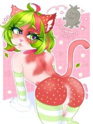 aesthetic_background bending_over catboy feline femboy freckles_on_ass freckles_on_face furry furry_ass furry_tail green_clothing green_hair pink_background pink_fur pink_penis red_fur red_hair showing_ass shuur1n_nsfw strawberry striped_clothing striped_thighhighs tail white_fur