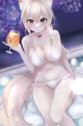 1girls animal_ears belly_button big_breasts bikini blush breasts cat_ears cat_tail catgirl drinking_glass female female_only glass grey_eye lee_jooin light-skinned_female light_skin looking_at_viewer minase1684 red_eye solo swimsuit tail v-lup virtual_youtuber white_bikini