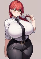 1girls 5_fingers ai_generated alternate_body_type alternate_breast_size big_breasts big_thighs black_necktie black_pants breasts_bigger_than_head chainsaw_man clothed clothed_female curvy curvy_female curvy_hips curvy_thighs demon demon_girl enormous_breasts enormous_thighs female female_demon female_only hand_on_hair high_resolution highres huge_breasts huge_thighs human human_only large_breasts large_thighs light-skinned_female light_skin long_hair looking_up makima_(chainsaw_man) massive_breasts massive_thighs necktie oatmealdood office office_clothing office_lady red_cheeks red_hair simple_background smile smiley_face smiling smiling_at_viewer solo solo_female standing thick_thighs white_clothing wide_hips yellow_eyes yellow_pupils