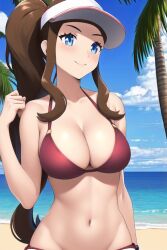 1girls 2023 ai_generated beach big_breasts bikini blue_eyes blue_sky blush brown_hair cleavage game_freak hat hilda_(pokemon) hourglass_figure nintendo ocean outdoors pokemon pokemon_bw ponytail solo zengai