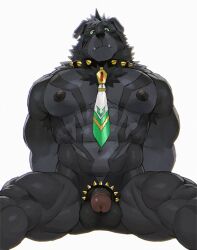 1boy abs accessory amduscias_(tokyo_afterschool_summoners) anthro balls black_body black_fur canid canine canis cock_ring collar demon domestic_dog fur genitals hi_res horn jewelry lifewonders male male_only mammal muscular muscular_anthro muscular_male necktie nipples pecs penis penis_accessory penis_jewelry rossciaco shy solo spiked_cock_ring spiked_collar spikes tokyo_afterschool_summoners