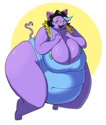 anthro ass bbw belly belly_focus belly_overhang big_ass big_belly big_breasts big_butt cat_ears cat_tail catgirl catty_(undertale) clothing dark_hair deltarune fat fat_ass fat_butt fat_mons hands_on_breasts heart heart_shaped_tail morbidly_obese mralguienynadie overalls overweight overweight_anthro overweight_female purple_body purple_fur purple_skin short_hair simple_background simple_shading smile smiling smiling_at_viewer ssbbw tail thick_thighs undertale undertale_(series) video_games