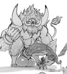 animal_genitalia anthro balls big_balls big_penis dryadex furry ganon huge_balls link male male_only monochrome nintendo penis size_difference suina sus_(pig) sword the_legend_of_zelda tusks unusual_penis