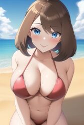 1girls ai_generated alluring beach big_breasts bikini blue_eyes brown_hair cleavage creatures_(company) creatures_inc. female game_freak may_(pokemon) nintendo ocean pokemon zengai