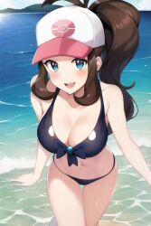 1girls 2023 ai_generated alluring baseball_cap beach big_breasts bikini blue_eyes blue_sky blush brown_hair cleavage creatures_inc. game_freak hilda_(pokemon) hourglass_figure long_ponytail looking_at_viewer nintendo ocean outdoors pokemon pokemon_bw ponytail zengai