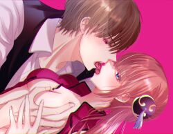 1boy 1girls aged_up blue_eyes blush breast_grab brown_hair bun_cover chinese_clothes cleavage female french_kiss gintama hair_ornament kagura_(gintama) kissing looking_at_viewer male medium_breasts mitsunowana no_bra okita_sougo open_clothes open_shirt orange_hair pink_background red_eyes tongue_out twintails upper_body