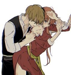 11dingdong 1boy 1girls against_wall aged_up bite bite_mark biting blush china_dress chinese_clothes clothed female from_behind gintama hair_down hickey imminent_sex kagura_(gintama) leaning_forward long_hair looking_at_another looking_back male messy_hair off_shoulder okita_sougo open_clothes police_officer police_uniform shinsengumi_(gintama) side_slit uniform