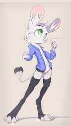 animancer bottomless clothed clothing dipodid female footwear fur furry green_eyes hi_res jacket jerboa leg_warmers legwear luck_(animancer) mammal no_humans rodent socks stockings topwear white_body white_fur