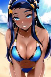 1girls ai_generated alluring beach big_breasts bikini blue_sky cleavage nessa_(pokemon) ocean pokemon pokemon_(anime) zengai