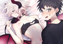 2boys blush bra collar collarbone curly_hair danganronpa danganronpa_2:_goodbye_despair devil devil_horns devil_tail femboy hinata_hajime horn horns nagito_komaeda nipples servant_(danganronpa) shy straight_hair twink white_hair wings