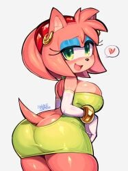 1girls amy_rose anthro ass ass_cleavage ass_in_dress big_breasts blush breasts bubble_butt butt_crack clothed dress earrings female gloves green_dress green_eyes headband heart ichig8miruku looking_at_viewer makeup pink_hair sega solo solo_female sonic_(series) sonic_the_hedgehog_(series) tail thick_thighs