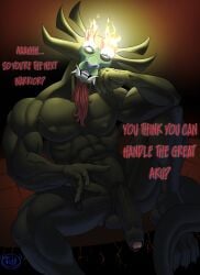 1boy aku balls black_body demon english_text erection foreskin genitals hi_res humanoid male male_only muscular muscular_male nipples nude penis samurai_jack simple_background solo text tush vein veiny_arms veiny_penis