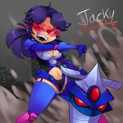 1girls black_hair brawl_stars cleavage jacky_(brawl_stars) leotard medium_breasts navel red-tinted_eyewear red_eyes sharp_teeth tinted_eyewear twintails ultra_driller_jacky_(brawl_stars) visor