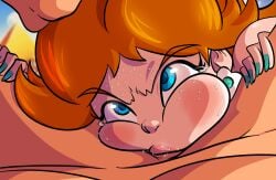 angry artlaccer_(artist) big_penis blowjob blowjob_face blue_eyes brown_hair cheek_bulge deep_blowjob deep_throat deepthroat deepthroat_no_hands female hand_on_head lipstick male mario_(series) penis penis_on_face princess_daisy short_hair sucking tears veiny_penis