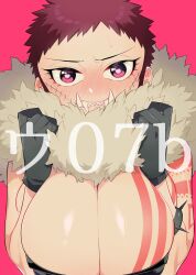 big_breasts black_gloves blush charlotte_katakuri chest_tattoo cleavage doujin_cover facial_scar fangs female female_only fur_collar genderswap_(mtf) glasgow_smile gloves heart-shaped_pupils huge_breasts kitochinman looking_at_viewer magenta_hair one_piece pink_eyes rule_63 sharp_teeth short_hair sweatdrop tattoo tattoos tusks very_short_hair