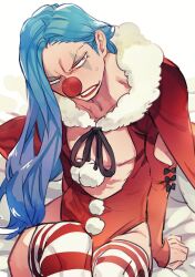 blue_hair buggy_the_clown cape christmas christmas_outfit clown clown_boy clown_makeup clown_nose crossdressing embarrassed facepaint femboy fur_trim gasewana_taishou leotard lipstick long_hair long_hair_male looking_away makeup male male_only nervous one_piece red_leotard red_lipstick sitting solo striped_legwear striped_thighhighs sweatdrop thighhighs