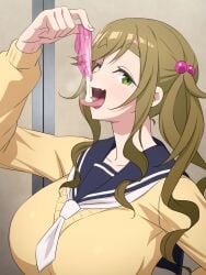 breasts brown_hair condom cum cum_in_mouth drinking_from_condom female green_eyes hair_bobbles hair_ornament highres holding holding_condom inuyama_aoi large_breasts long_hair long_sleeves looking_at_viewer school_uniform side_ponytail skin_fang solo tedain thick_eyebrows used_condom yurucamp