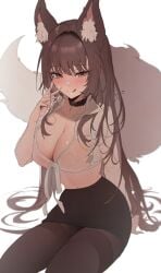 0223 1girls 2d 2d_(artwork) big_breasts black_skirt breasts brown_ears brown_eyes brown_hair cleavage clothed clothed_female collar female hi_res highres hourglass_figure large_breasts light-skinned_female light_skin long_fingernails office_clothing office_lady original original_character pantyhose see-through_clothing sitting skirt solo solo_female solo_focus tied_shirt wet_shirt white_shirt wolf_ears wolf_girl wolf_tail zerocat