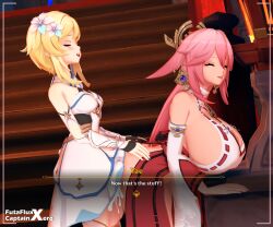 1futa 1girls 3d blonde_hair cum_inside female futa_on_female futaflux futanari genshin_impact huge_ass huge_breasts light-skinned_female light-skinned_futanari lumine_(genshin_impact) pink_hair yae_miko