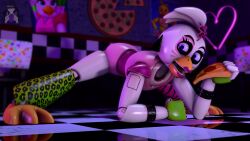 3d 3d_(artwork) 4k beak blue_eyes blurry_background chicken detailed_background earings fingerless_gloves five_nights_at_freddy's five_nights_at_freddy's:_security_breach fnaf glamrock_chica_(fnaf) hi_res high_resolution highres jack-o_pose jackochallenge legs_apart lipstick looking_at_viewer neon_lights open_mouth pale-skinned_female pale_skin pink_clothing pink_eyes pink_panties pizza purple_eyes reflection reflective_floor robot robot_girl scottgames sfm shiny_skin short_hair trishsfm watermark white_body white_hair