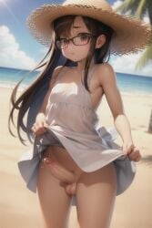 1boy ai_generated androgynous armure beach blush blush brown_eyes brown_hair cum cum_on_clothes dress dress_lift erection femboy feminine_male girly glasses hat lifted_by_self lifting_dress long_hair looking_at_viewer male male_only nipples_visible_through_clothing open_mouth otoko_no_ko penis seaside solo solo_focus stable_diffusion straw_hat sundress sunlight testicles trap white_dress