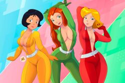 3girls alex_(totally_spies) armpits arms_behind_head big_breasts black_hair blonde_hair bob_cut bodysuit breasts clover_(totally_spies) colorful_background female fingers_through_hair furboz gloves jpeg long_hair looking_at_viewer open_bodysuit posing red_hair sam_(totally_spies) short_hair totally_spies