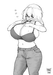 adjusting_bra belly big_breasts black_and_white breasts busty commission embarrassed frustrated gigantic_breasts glasses hand_on_breast huge_breasts inconvenient_breasts inne_sulistya_robin jeans large_breasts looking_at_own_breasts norman_maggot shirtless sweating thin_waist voluptuous voluptuous_female wide_hips