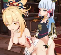 3d female futa_on_female futaflux futanari genshin_impact kamisato_ayaka light-skinned_female light-skinned_futanari light_skin tagme yoimiya_(genshin_impact)