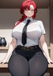 1girls 5_fingers ai_generated alternate_ass_size alternate_body_type alternate_breast_size alternate_thigh_size big_breasts big_thighs black_necktie black_pants breasts breasts_bigger_than_head chainsaw_man clothed clothed_female detailed_background enormous_breasts enormous_thighs female female_demon female_focus female_only hands_behind_back high_resolution highres huge_breasts huge_thighs human large_breasts large_thighs light-skinned_female light_skin long_hair looking_at_viewer looking_down makima_(chainsaw_man) massive_breasts massive_thighs necktie oatmealdood office office_clothing office_lady ponytail red_cheeks red_hair short_sleeves smile smile_at_viewer smiley_face smiling_at_viewer solo solo_female solo_focus thick thick_female thick_legs thick_thighs thighs white_clothing yellow_eyes yellow_pupils