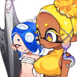 1boy 2023 2girls abs armpit_crease bare_shoulders big_breasts big_man_(splatoon) blue_hair breast_envy breast_size_comparison breast_size_difference dark-skinned_female dark_skin duplicate fangs frye_(splatoon) girl_staring_at_guy's_chest inkling inkling_girl large_breasts light-skinned_female light_skin looking_aside meme octoling octoling_girl paripi_nasubi sarashi shiver_(splatoon) smiling splatoon splatoon_(series) splatoon_3 tentacle_hair white_background yellow_hair