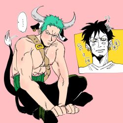 ... 2boys bags_under_eyes blush cow_boy cow_ears cow_horns cow_tail embarrassed full_body gay green_hair haramaki kemonomimi long_sideburns male male_only muscular muscular_male one_piece pecs pink_background pre-timeskip roronoa_zoro sideburns sitting topless topless_male trafalgar_law yaoi zyonnnnn