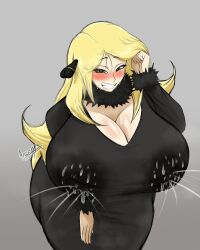 1girls alternate_version_available arusen big_breasts black_dress blonde_hair blush breasts cleavage cynthia_(pokemon) dress female female_only game_freak green_eyes hair huge_breasts lactating lactating_through_clothing lactation lactation_through_clothes large_breasts long_hair mature mature_female mature_woman nipple_bulge nipples_visible_through_clothing pokemon pokemon_dppt smile solo solo_female steam steamy sweat sweatdrop