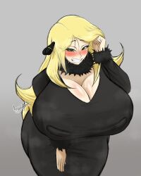 1girls alternate_version_available arusen big_breasts black_dress blonde_hair blush breasts cleavage cynthia_(pokemon) dress female female_only game_freak green_eyes hair huge_breasts large_breasts long_hair mature mature_female mature_woman nipple_bulge nipples_visible_through_clothing pokemon pokemon_dppt smile solo solo_female steam steamy sweat sweatdrop