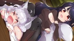 2girls black_hair blue_skirt boots breasts brown_eyes brown_sweater chasing_tails_-a_promise_in_the_snow cleavage_cutout closed_eyes crying flat_chest_dev fox_ears fox_girl fox_tail game_cg grabbing_tail kumi_(chasing_tails) large_breasts long_hair on_floor pantyhose rin_(chasing_tails) sitting sitting_on_person skirt sweater tears turtleneck_sweater white_hair wooden_floor