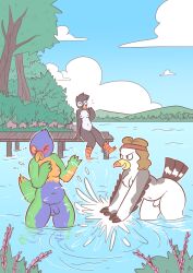 anthro avian balls bird breasts brushyfox_(artist) dock fan_character female forest furry genitals group herm intersex lake nude outside penis plant small_balls small_penis splash splashing_water tree trio water