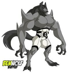 2008 abs alien anthro barefoot ben_10 big_bulge blitzwolfer bulge cartoon_network clothed clothing feet furious_(artist) loboan male male_only muscular muscular_male omnitrix pants_only pecs solo topless