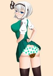 big_breasts blue_eyes breasts hamuhalf46 lifting_skirt panties panty_poop scat silver_hair soiling touhou touhou_project youmu_konpaku