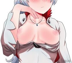 1girls blush breasts faceless_female female female_focus female_only khartemis nipples open_shirt rwby solo tagme vale_outfit weiss_schnee weiss_schnee_(vale)