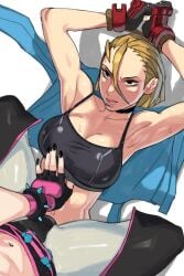 2girls armpits arms_up blonde_hair bound bound_arms bracelet breasts cammy_white cleavage female female_only fingerless_gloves glaring gloves hand_under_clothes highres imminent_stripping jacket jacket_removed jewelry juri_han looking_at_another multiple_girls navel spiked_bracelet spikes stomach straddling street_fighter street_fighter_6 sweat taikolum toned undressing_another yuri