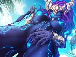 anthro aurelion_sol bedroom_eyes big_breasts blue_body breasts celestial_(league_of_legends) claws dragon female frevilisk genitals league_of_legends navel non-mammal_breasts one_closed_eyes one_eye_closed presenting presenting_pussy pussy riot_games rule_63 smile smiling smiling_at_viewer solo tongue tongue_out