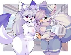 anthro avian beak biped bird blush breasts canid canine canis duo female fur genitals hair hand_holding hi_res inner_ear_fluff leah_(gabeny) mammal miikotorii nipples nude pussy red_eyes smile tail tuft white_body white_fur wolf