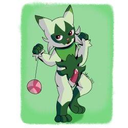 anthro balls bodily_fluids cum digital_media_(artwork) domestic_cat erection felid feline felis floragato fur generation_9_pokemon genital_fluids genitals green_body green_fur hi_res hzfow male male/male mammal nintendo nude open_mouth penis pokemon pokemon_(species) pokemon_sv raised_leg simple_background solo yo-yo